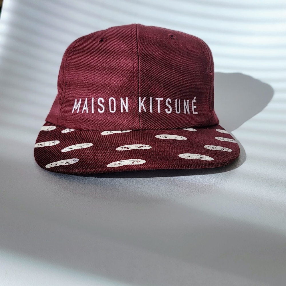 Maison Kitsune Fox Eyes Hat Cap Adjustable Strap Maroon White